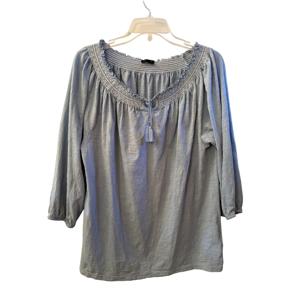 Talbots Blue Peasant Slub Cotton Smocked Neck Tassel Peasant Blouse Boho Large